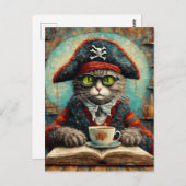 Kattenpiraat drink koffie en leest briefkaart (Voorkant / Achterkant)