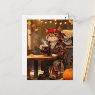 Kattenpiraat in de herfstkoffiebar briefkaart