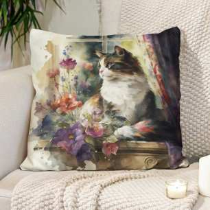 Kattenpoes Paarse Bloemen Raam Zonlicht  Kussen