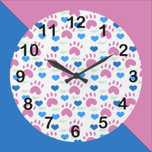 Kattenpoot Hartjes Miauw Roze Blauwe Patroon Grote Klok