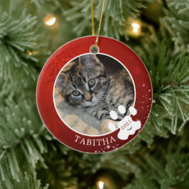 Kattenpootafdruk Kerstmis Rood Sneeuwvlok Sterren  Keramisch Ornament