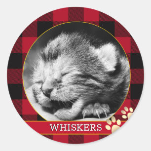 Kattenpootafdruk, Rode Buffalo Plaid, Katje Foto Ronde Sticker