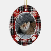 Kattenpootafdruk Rode Sneeuwvlok Geruit Foto Naam  Keramisch Ornament (Rechts)