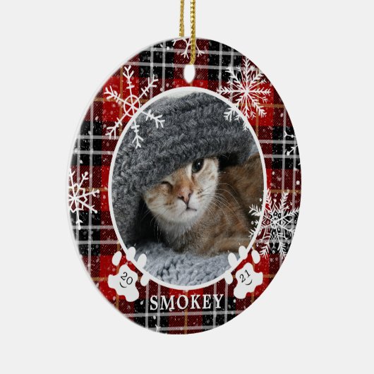 Kattenpootafdruk Rode Sneeuwvlok Geruit Foto Naam  Keramisch Ornament (Rechts)