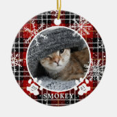 Kattenpootafdruk Rode Sneeuwvlok Geruit Foto Naam Keramisch Ornament (Voorkant)