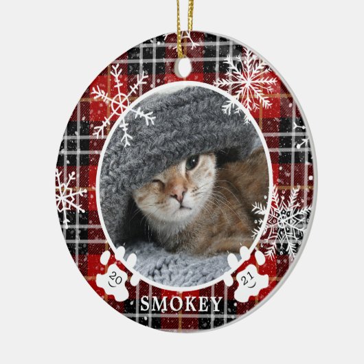 Kattenpootafdruk Rode Sneeuwvlok Geruit Foto Naam  Keramisch Ornament (Links)