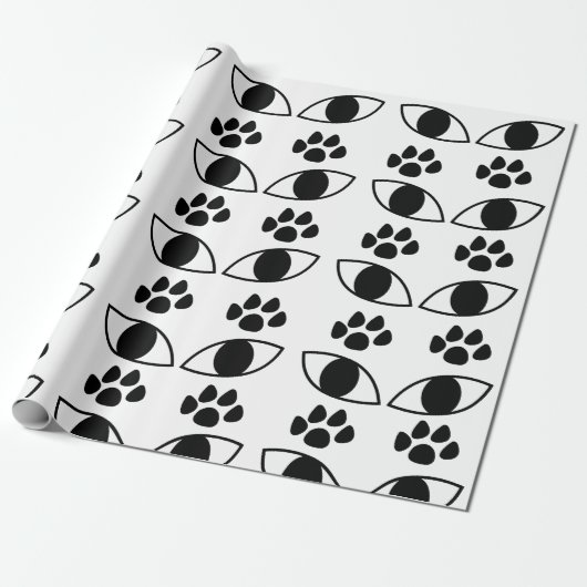 Kattenpootafdruk Zwart en Wit Cadeaupapier (Uitgerold)