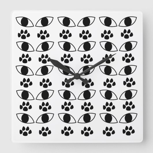Kattenpootafdruk Zwart en Wit Vierkante Klok (Voorkant)