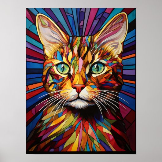 Kattenportret Kleurig Psychedelisch Gebrandschilde Poster (Voorkant)