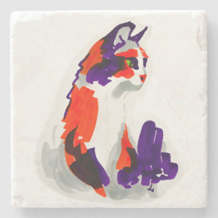 Kattenportret - Vet grafisch Sinaasappel en violet Stenen Onderzetter