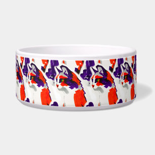 Kattenportret - Vet grafisch Sinaasappel en violet Voerbakje