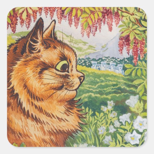 Kattenprofiel Bloemen Kunst van Louis Wain Vierkante Sticker (Voorkant)