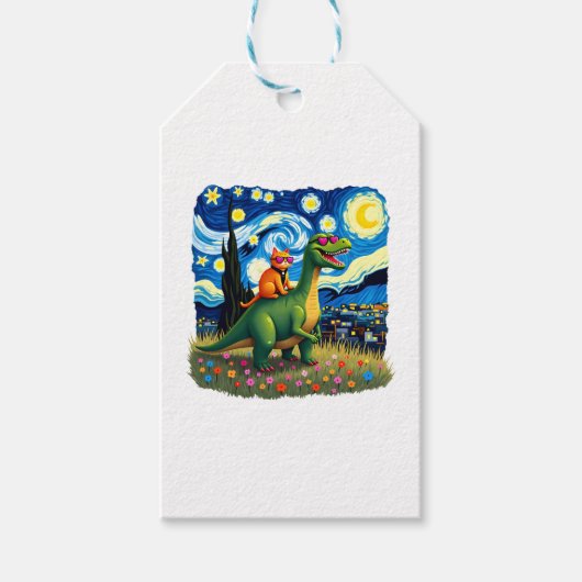 Kattenrijdende dinosaurus T-Rex sterrenhemel katte Cadeaulabel (Voorkant)