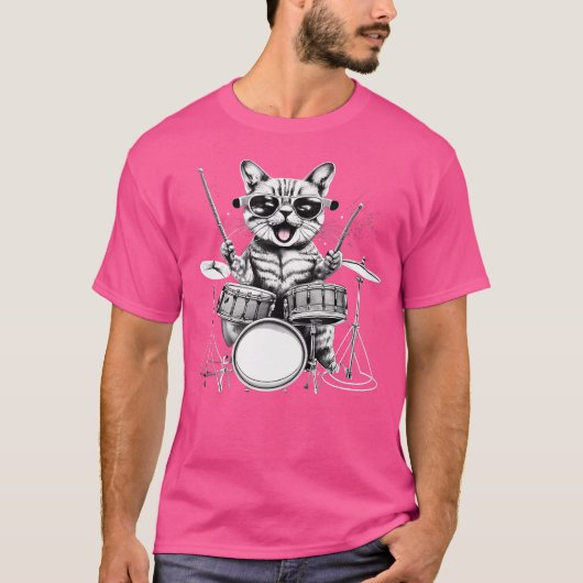 Kattenrockband Drummerkat Drummen T-shirt (Voorkant)