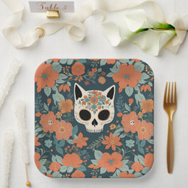 Kattenschedel Sinaasappel Bloemen Donkergroen Papieren Bordje