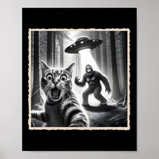Kattenselfie met Bigfoot en UFO Funny Sasquatch Ca Poster (Voorkant)