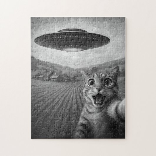 Kattenselfie met buitenaardse UFO grappige katteng Legpuzzel (Verticaal)