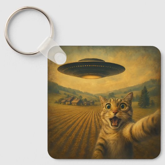 Kattenselfie met buitenaardse UFO grappige katteng Sleutelhanger (Voorkant)