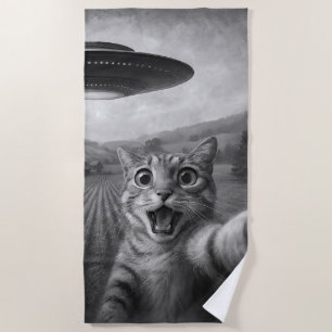 Kattenselfie met buitenaardse UFO grappige katteng Strandlaken