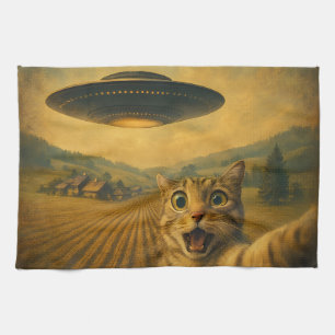 Kattenselfie met buitenaardse UFO grappige katteng Theedoek