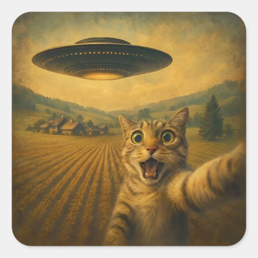 Kattenselfie met buitenaardse UFO grappige katteng Vierkante Sticker (Voorkant)