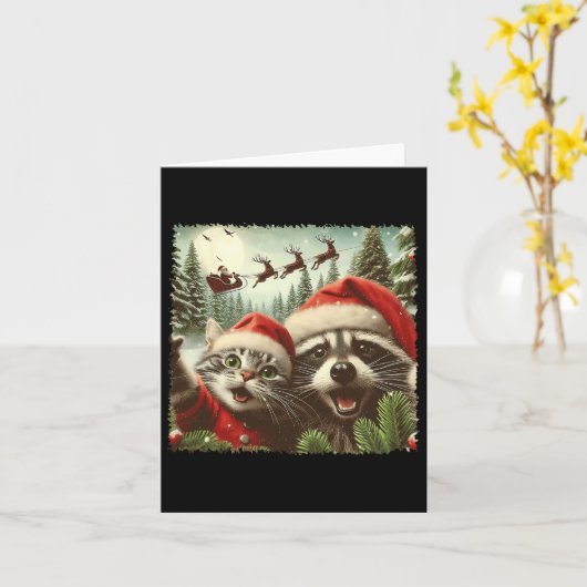 Kattenselfie met Santa's Sleigh Weird Funny Raccoo Kaart (Gele Bloem)