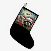 Kattenselfie met Santa's Sleigh Weird Raccoon Xmas Kleine Kerstsok (Voorkant (Hangend))