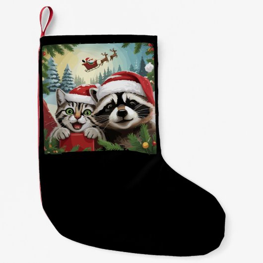 Kattenselfie met Santa's Sleigh Weird Raccoon Xmas Kleine Kerstsok (Voorkant)