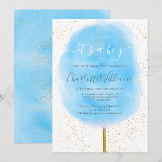 Kattenstaart glitters blauw waterverf baby shower kaart (Voorkant / Achterkant)