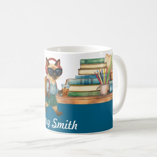 Kattenstudent terug naar school hoofdtelefoon bub koffiemok (Voorkant rechts)