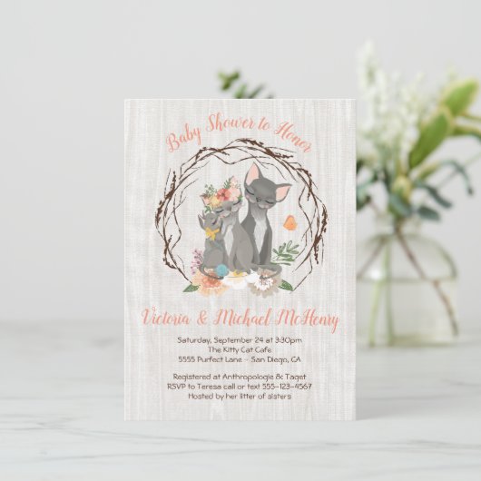 Kattenuitnodigingen voor babyfeestje met mama en p kaart (Staand voorkant)