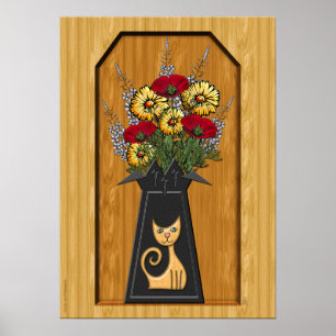 Kattenvaas met papavers en mama's in houten alkoof poster