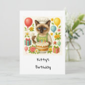 Kattenverjaardagsfeestje met taart kaart (Staand voorkant)