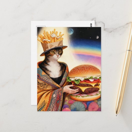 Kattenvrouw Franse frietjes hoed en een cheeseburg Briefkaart (Voorkant / Achterkant in situ)