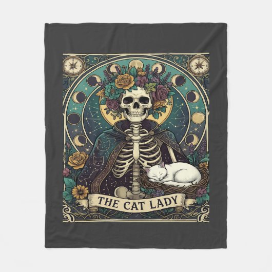 Kattenvrouw Halloween Skelet Bloemstuk Maan Kompas Fleece Deken (Voorkant)