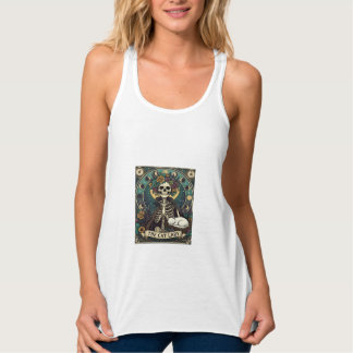 Kattenvrouw Halloween Skelet Bloemstuk Maan Kompas Tanktop