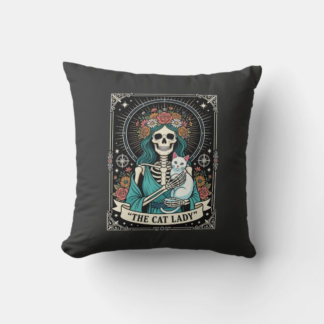 Kattenvrouw Skelet Tarot Bloem Gothic Kussen (Voorkant)