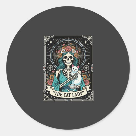 Kattenvrouw Skelet Tarot Bloem Gothic Ronde Sticker (Voorkant)
