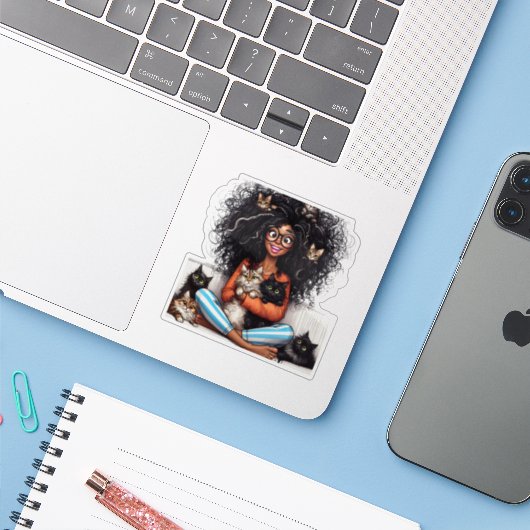 Kattenvrouw sticker (Laptop met iPhone)