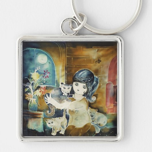 Kattenvrouw Zijde Kunst Schilderij Sleutelhanger (Voorkant)