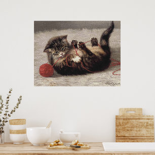 Kattenwiegje, een kat die speelt met een bol garen poster
