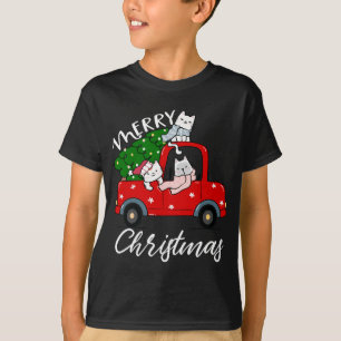 Kattenwiskundeboom op de kerstboom met rode vracht t-shirt