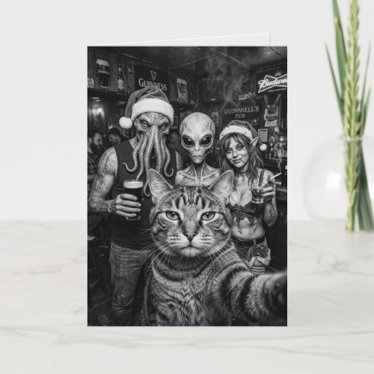 Kattenzelfie Bigfoot Alien Elf Bar Kerstmis Kaart (Voorkant)