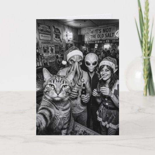 Kattenzelfie Bigfoot Alien Elf Bar Kerstmis Kaart (Voorkant)
