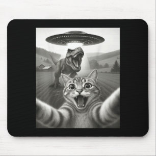 Kattenzelfie met buitenaardse UFO en T-rex dinosau Muismat