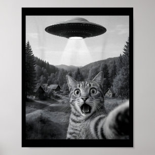 Kattenzelfie met buitenaardse Ufo Grappige Kat Gra Poster