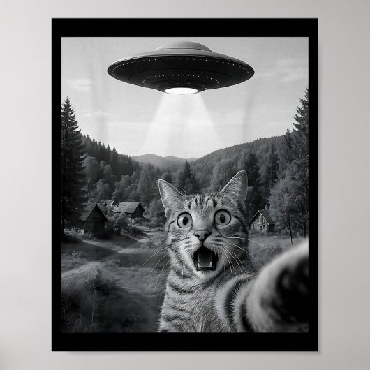 Kattenzelfie met buitenaardse Ufo Grappige Kat Gra Poster (Voorkant)
