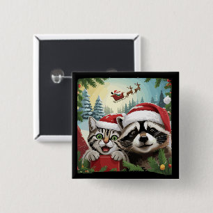 Kattenzelfie met de slee van de Kerstman Rare wasb Vierkante Button 5,1 Cm
