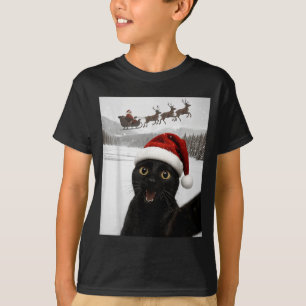 Kattenzelfie met Kerstman Grappige Zwarte Katten K T-shirt