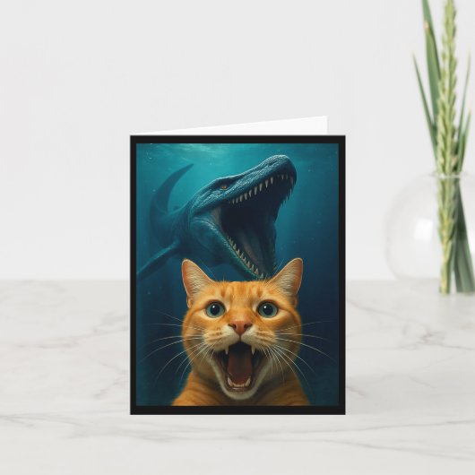 Kattenzelfie met Mosasaurus-dinosauriër voor jonge Kaart (Voorkant)